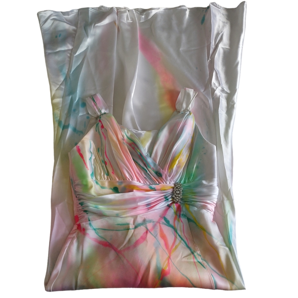 Cinderella Design Size Small White Satin Pastel Paint Splatter Formal Dress